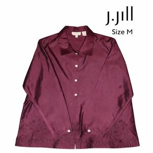 J Jill 100% Silk Blouse Size M Burgundy Button Front Embroidered Hem Long Sleeve